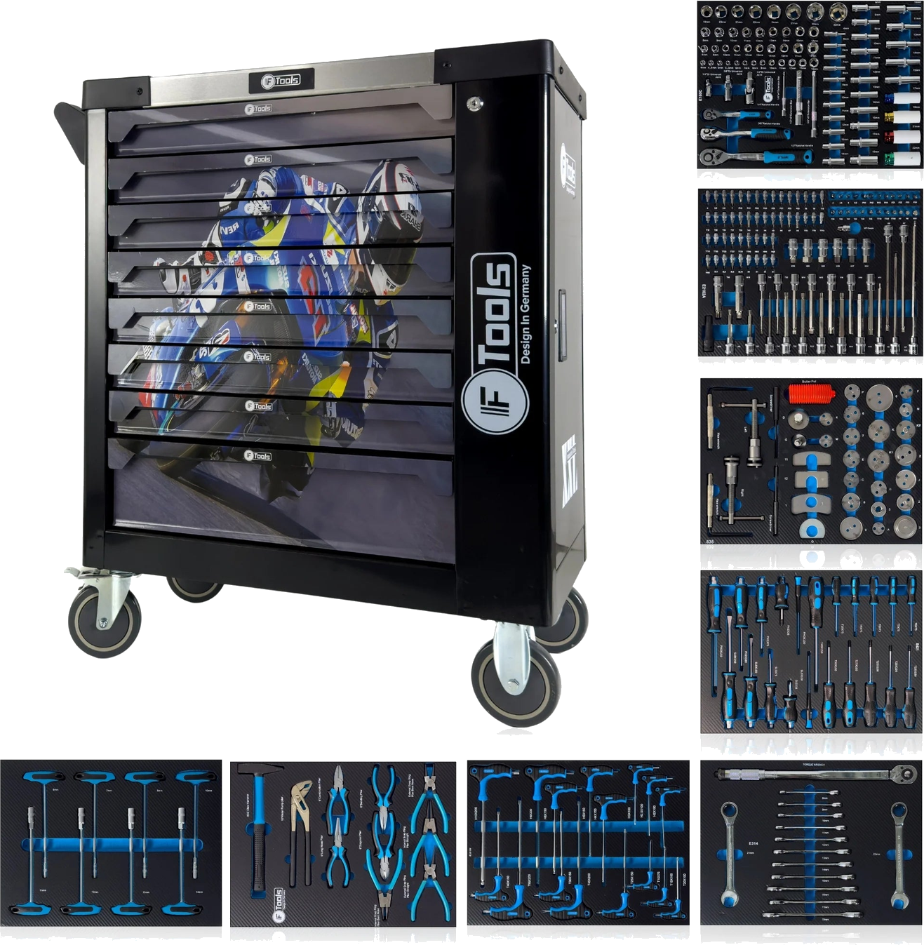 FTools Workshop Trolley 8 Full Drawers Side Storage Space (BK)