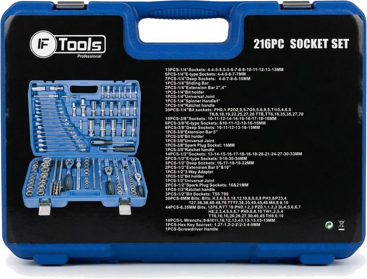 216-piece FTools Toolkit - Universal CrV Set for Workshop and Garage